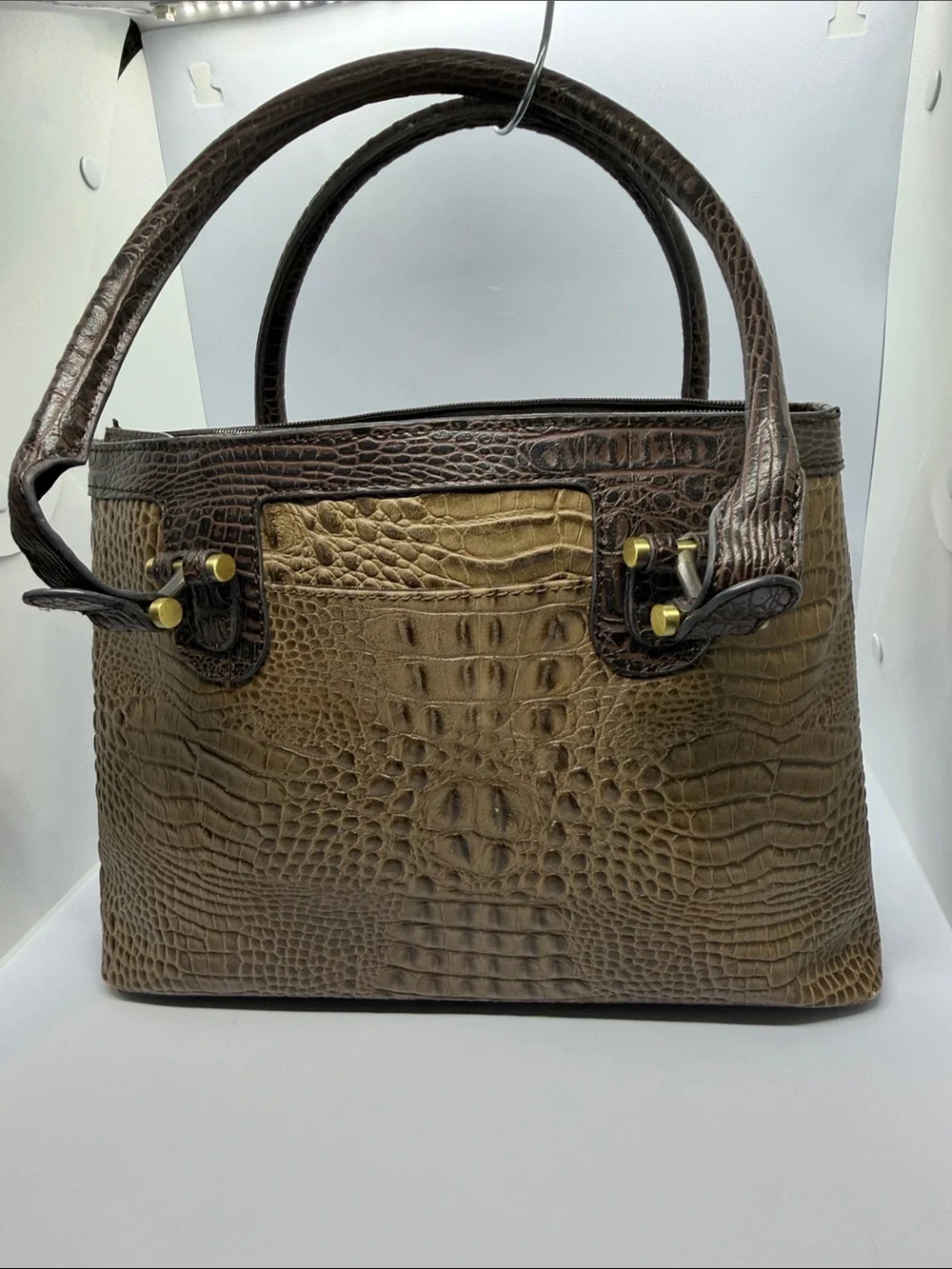 Vintage Etienne Aigner Two-Tone Croc-Embossed Top-Handle Satchel in Brown